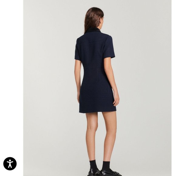 Sandro Italie Short Navy Blue Tweed Dress With Velvet Collar - Picture 5 of 8